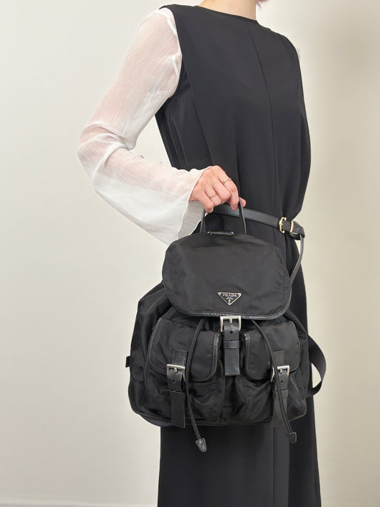 PRADA Tessuto Triangle Logo Double Pocket  Backpack Black Vintage cz4rjs
