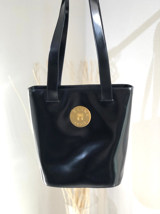 CELINE Arc de Triomphe Plate Leather Tote Bag Black Gold Vintage Old Celine xr32dw