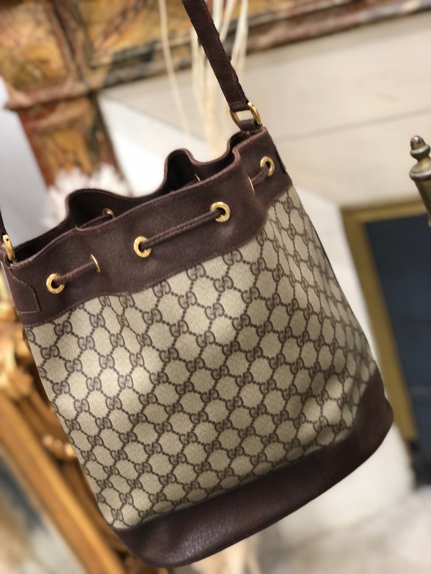 GUCCI Sherry line Drawstring Shoulder bag Brown Vintage Old Gucci cu5hat