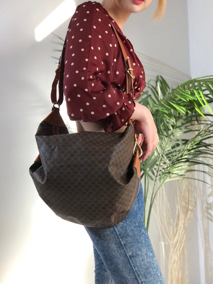 CELINE Macadam Side Motif PVC Leather Shoulder Bag Brown Vintage Old Celine hmrwfm