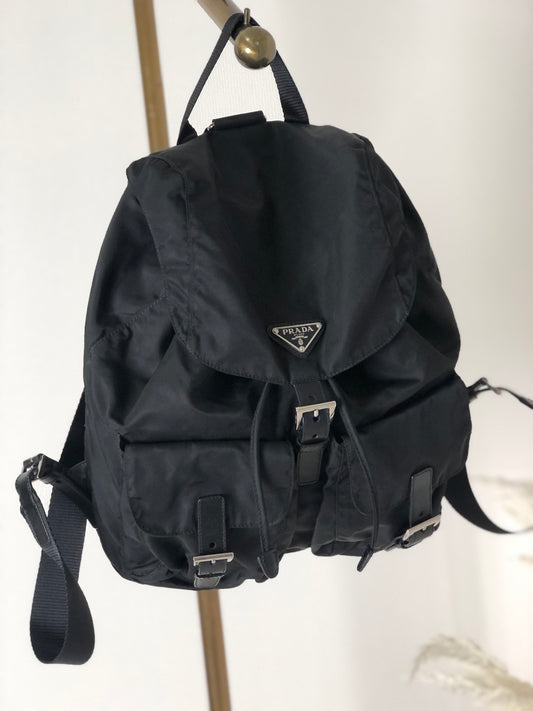 PRADA Triangle Logo Double pocket Nylon Backpack Black Vintage e2jimd