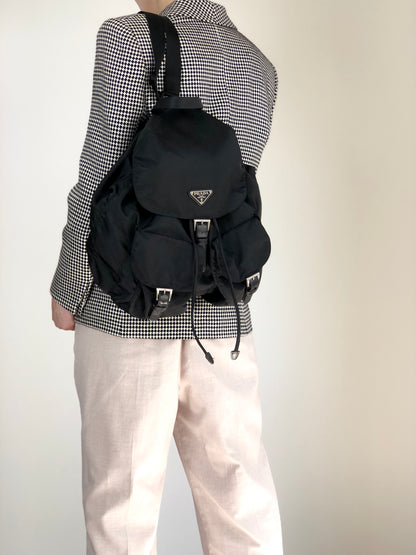 PRADA Tessuto Triangle Logo Double Pocket Backpack Black Vintage scciib