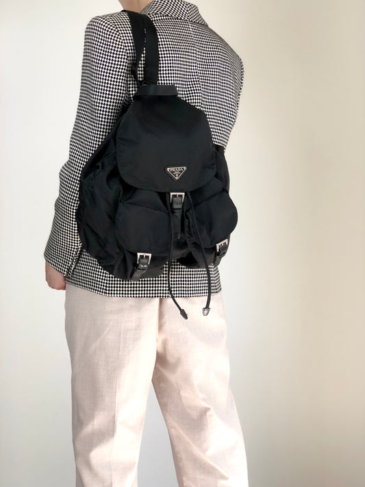 PRADA Tessuto Triangle Logo Double Pocket Backpack Black Vintage scciib
