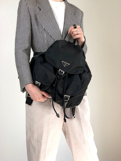 PRADA Tessuto Triangle Logo Double Pocket Backpack Black Vintage scciib