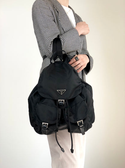 PRADA Tessuto Triangle Logo Double Pocket Backpack Black Vintage scciib