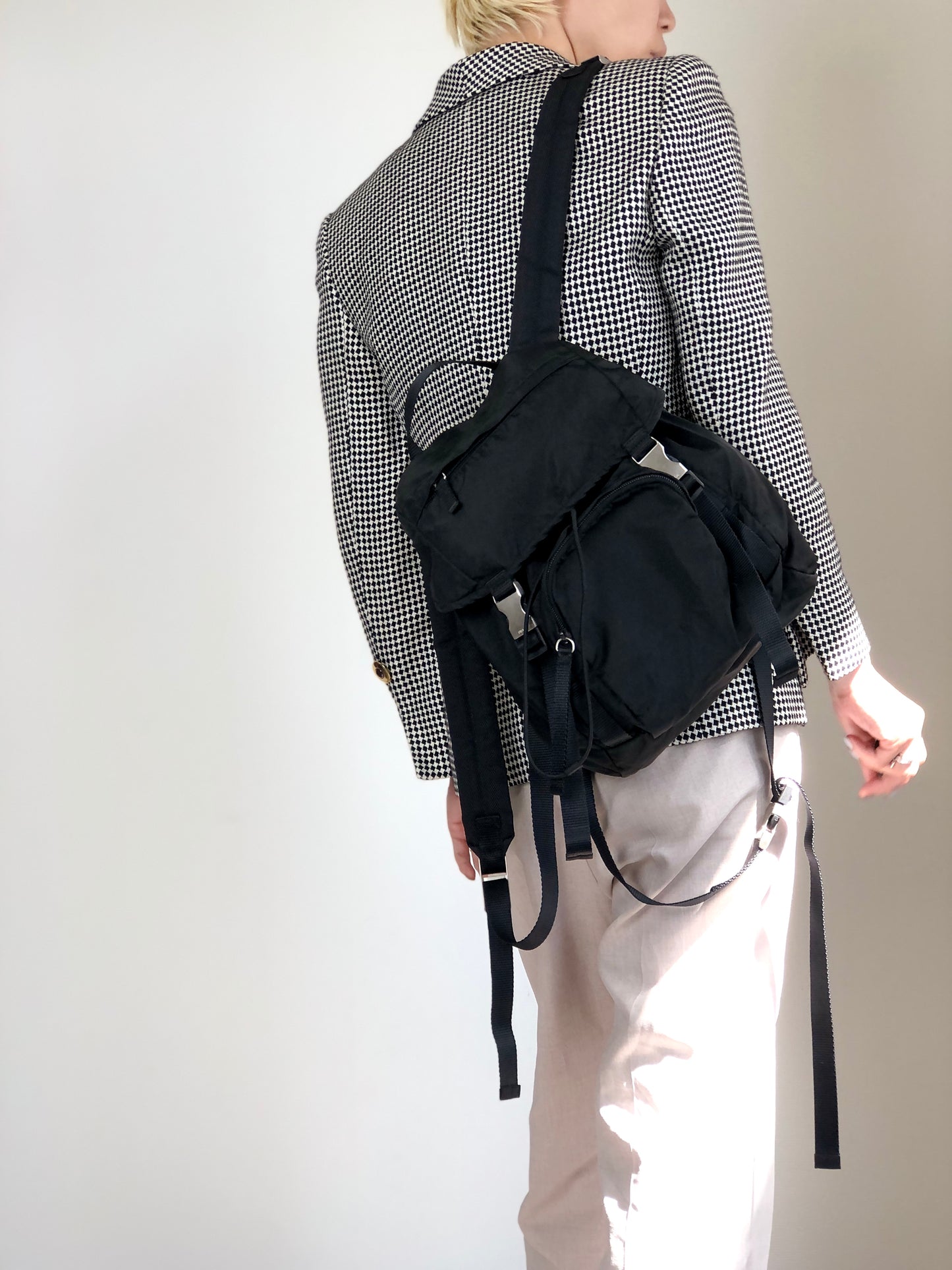PRADA Tessuto Triangle Logo Front Buckle Backpack Black Vintage ynp78c