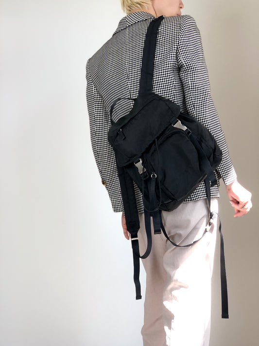 PRADA Tessuto Triangle Logo Front Buckle Backpack Black Vintage ynp78c