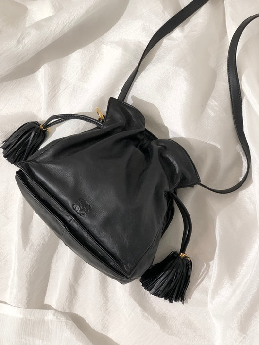 LOEWE Flamenco Tassel Small Drawstring Shoulder bag Black Vintage 7fxxbw