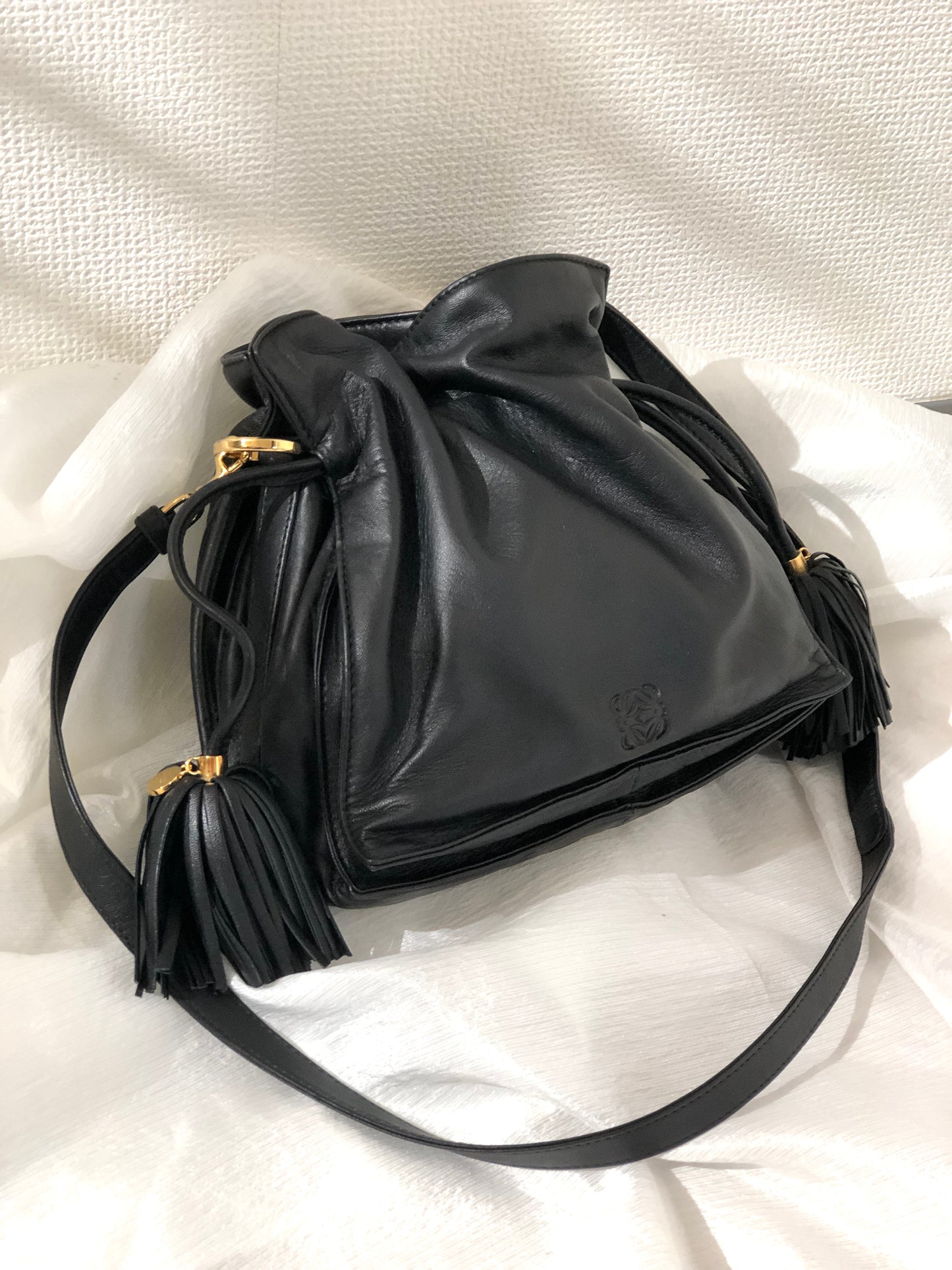 LOEWE Flamenco Tassel Small Drawstring Shoulder bag Black Vintage 7fxxbw