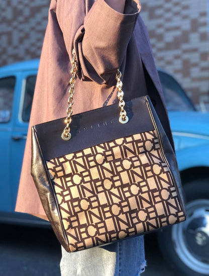 CELINE Logo pattern Fabric Chain Tote bag Shoulder bag Brown Vintage Old Celine 4apir4