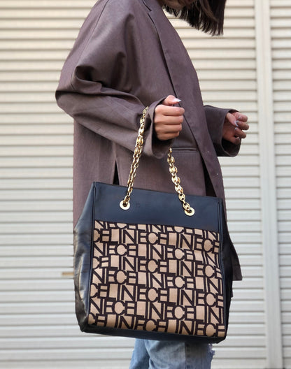 CELINE Logo pattern Fabric Chain Tote bag Shoulder bag Brown Vintage Old Celine 4apir4
