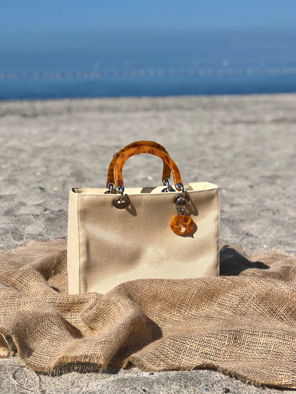 Christian Dior Lady Dior Cannage Tortoiseshell Handle Handbag Beige Vintage w2bk7y