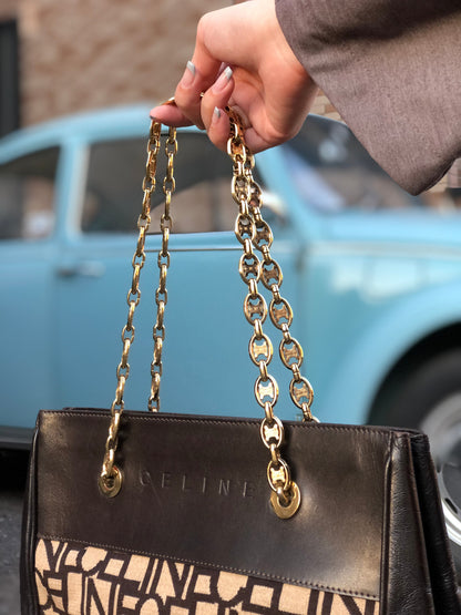 CELINE Logo pattern Fabric Chain Tote bag Shoulder bag Brown Vintage Old Celine 4apir4