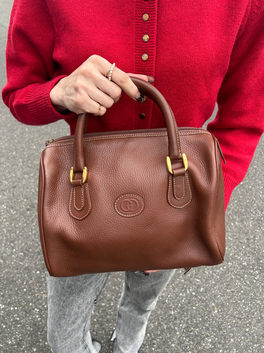 GUCCI Logo Embossed Small Boston bag Handbag Brown Vintage tpnfiv
