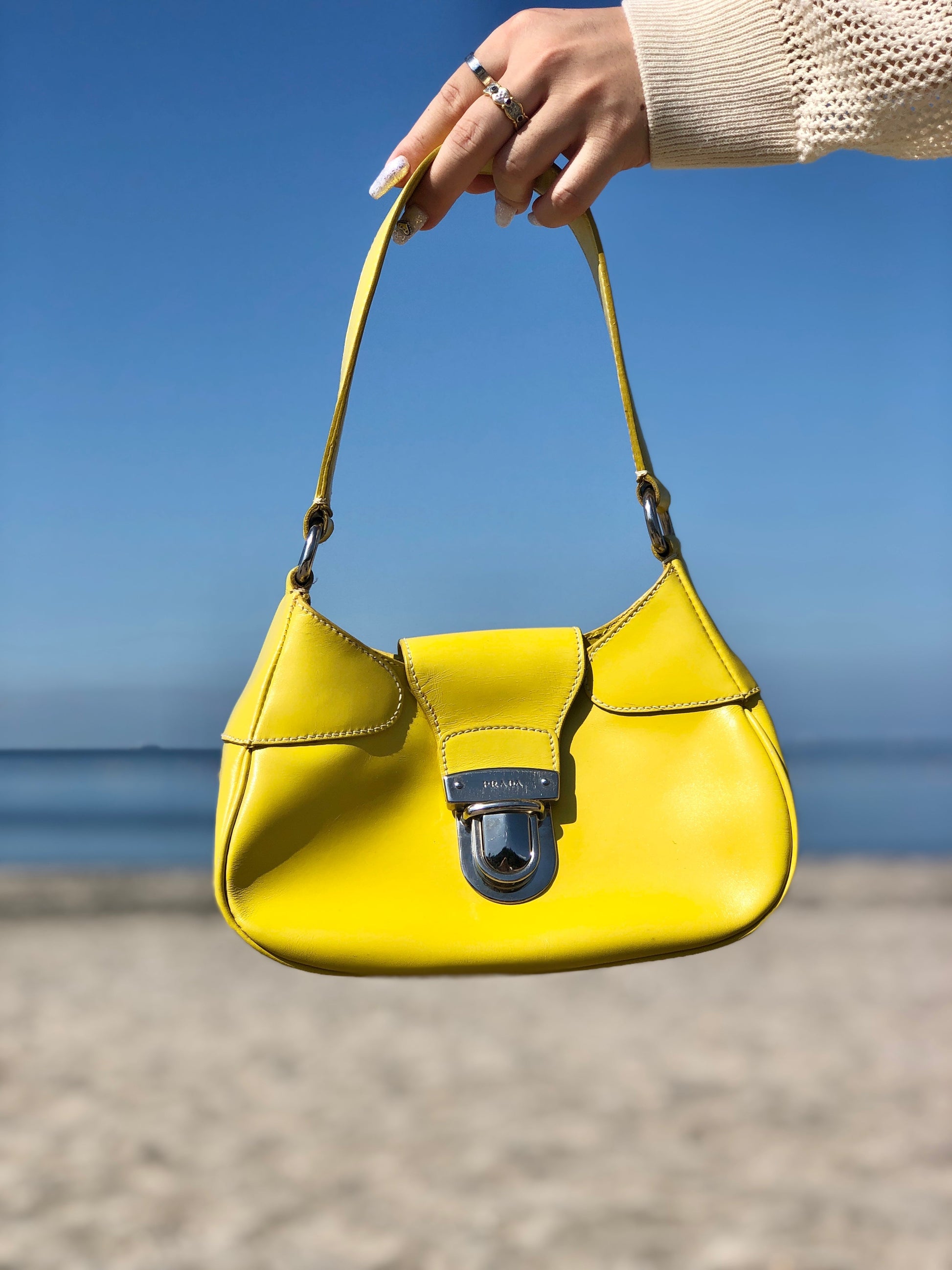 [Used in Japan Bag] Prada Shoulder Large Tote Bag Handbag Nylon Yellow Logo