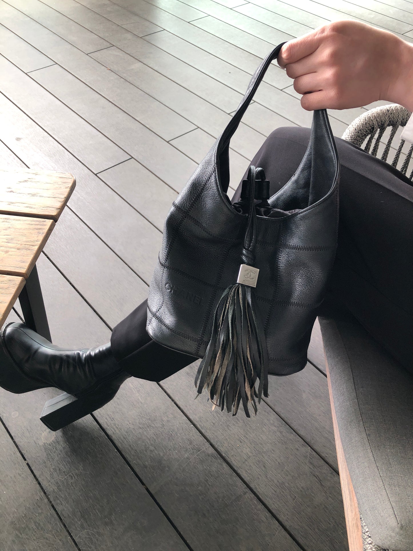 CHANEL Chocolate Bar Tassel Handbag Black A19981 Vintage fxmceh