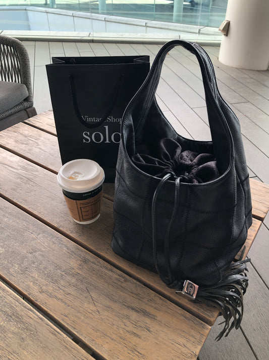 CHANEL Chocolate Bar Tassel Handbag Black A19981 Vintage fxmceh