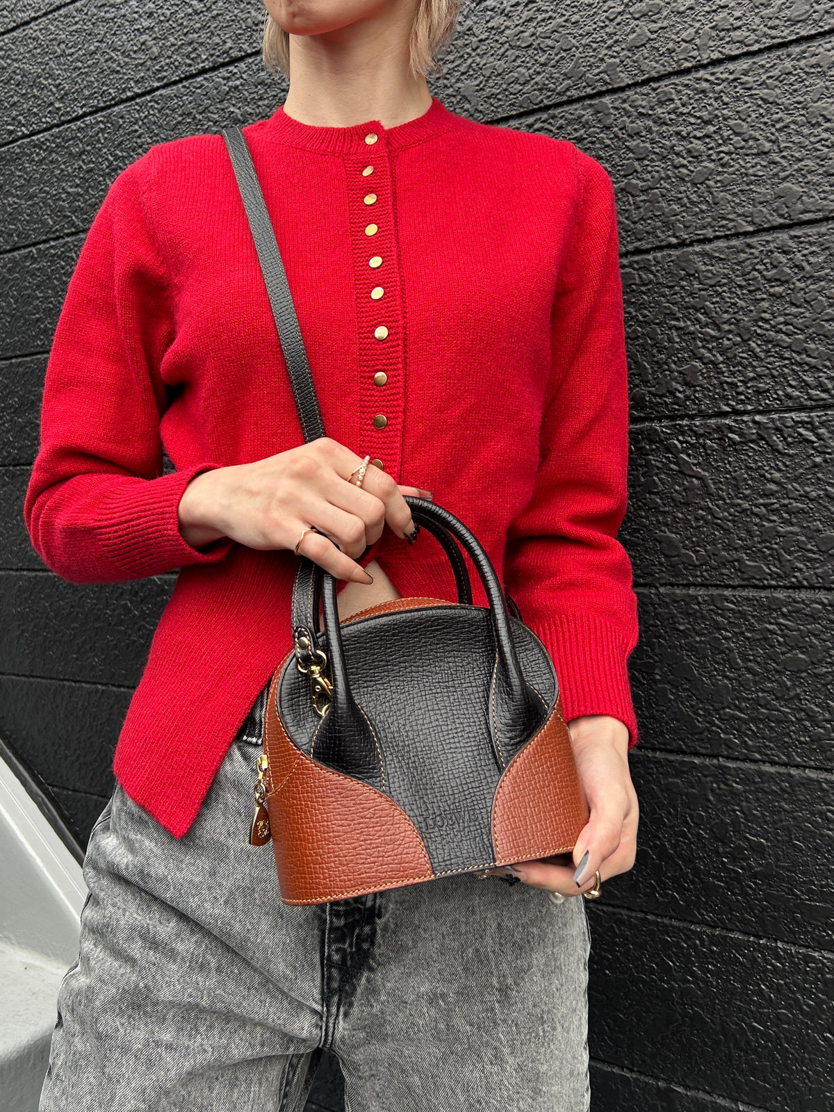 LOEWE Logo Embossed Two-way Handbag Shoulder bag Black×Brown Vintage z67fis