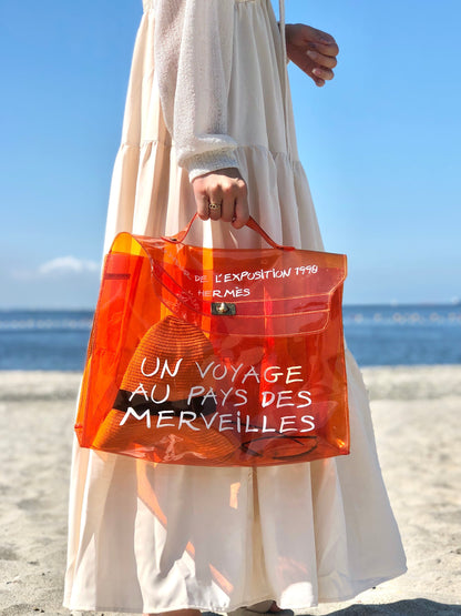 愛馬仕旋轉鎖透明乙烯基凱莉包手提包橙色復古舊款 4xk2rm