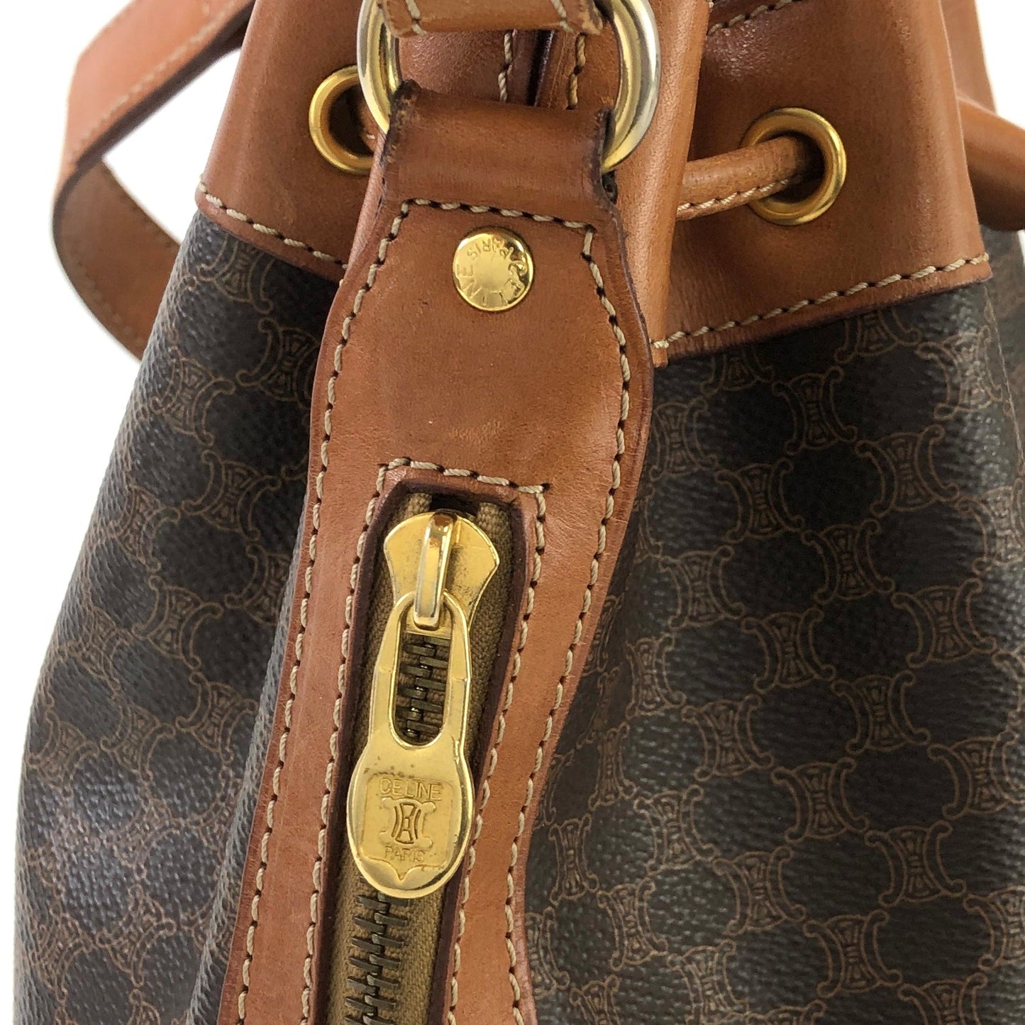 CELINE Macadam Blason Drawstring Side zipper Shoulder bag Brown Vintage Old Celine e2bfgx