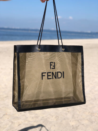 FENDI Logo Mesh Square Big Tote bag Black Vintage Old rcvsmr