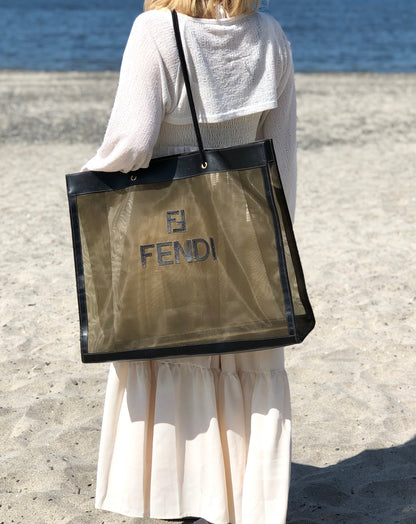 FENDI Logo Mesh Square Big Tote bag Black Vintage Old rcvsmr