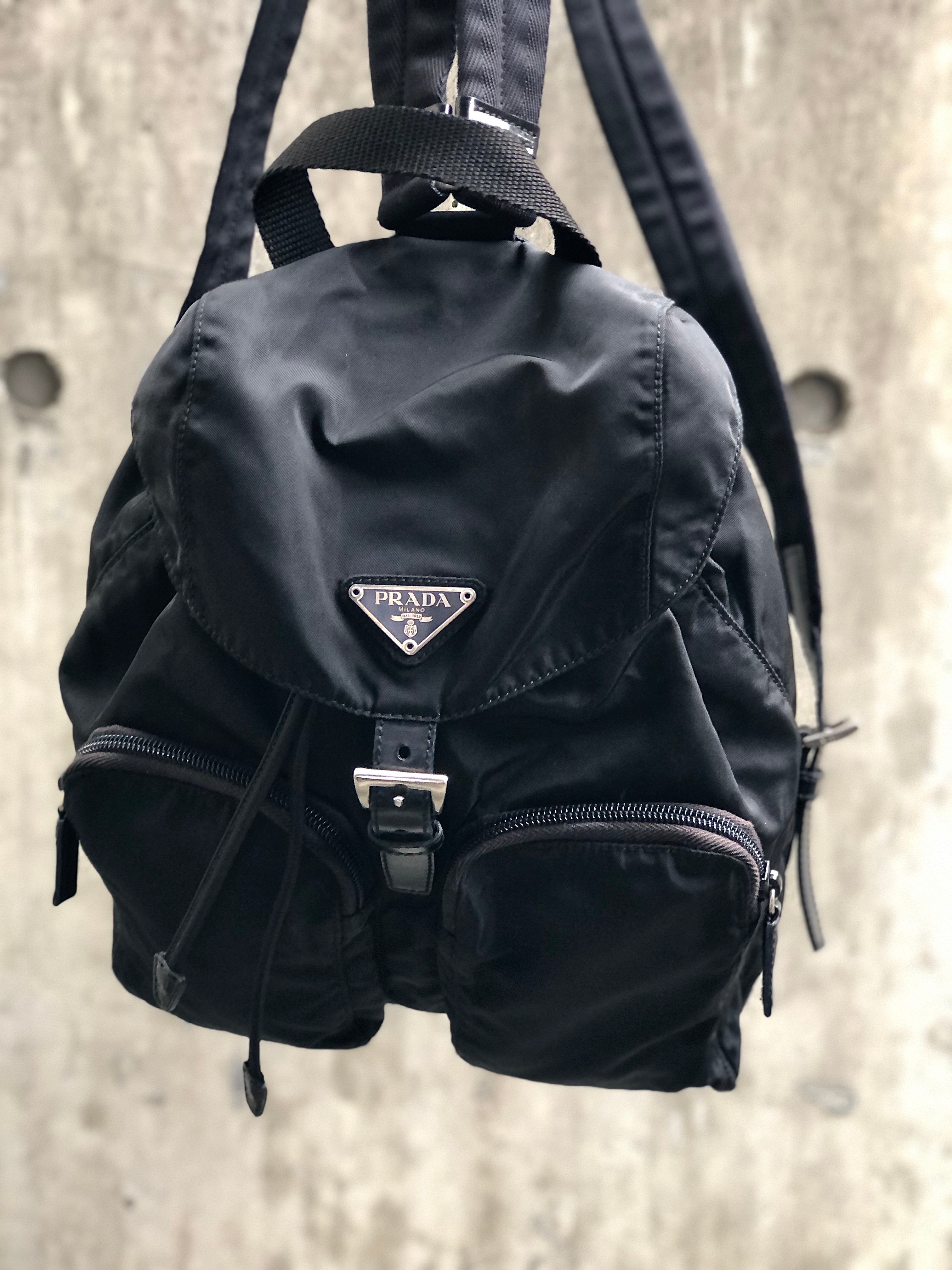 PRADA Triangle logo Double pocket Nylon Backpack Black Vintage 