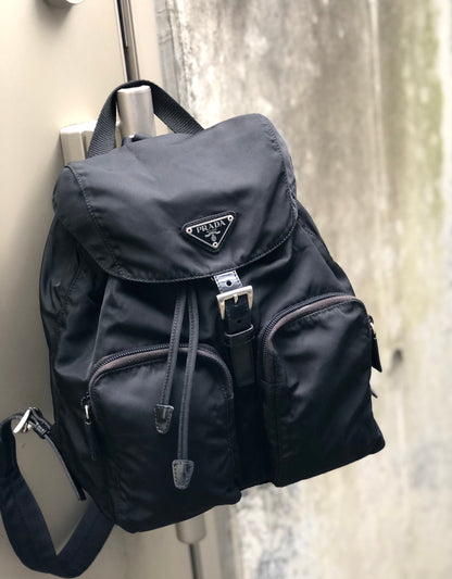PRADA Triangle logo Double pocket Nylon Backpack Black Vintage 6bhxb5
