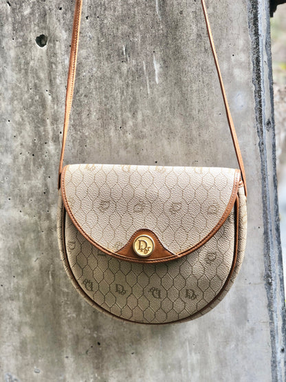 Christian Dior Logo Honeycomb Pattern Round Crossbody Shoulderbag Beige Vintage Old jzzy4f