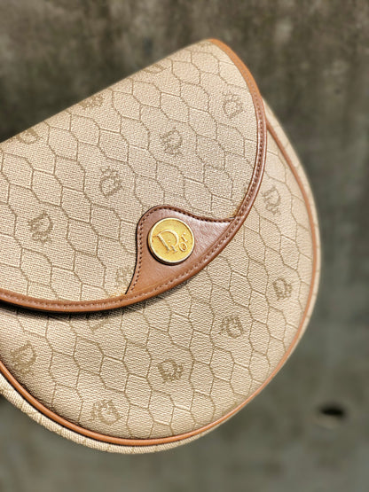 Christian Dior Logo Honeycomb Pattern Round Crossbody Shoulderbag Beige Vintage Old jzzy4f