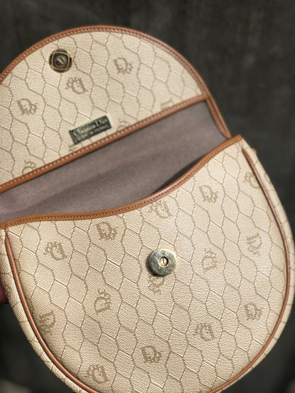 Christian Dior Logo Honeycomb Pattern Round Crossbody Shoulderbag Beige Vintage Old jzzy4f