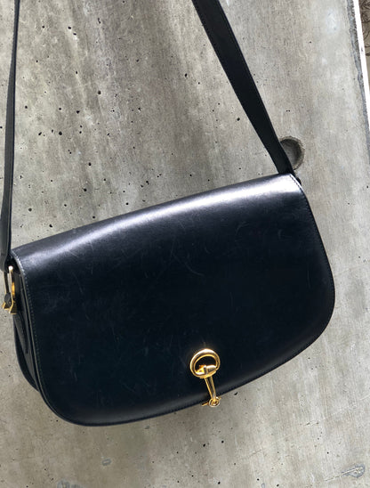 GUCCI Horsebit Flap Leather Shoulder bag Black Vintage Old Gucci rmznzj