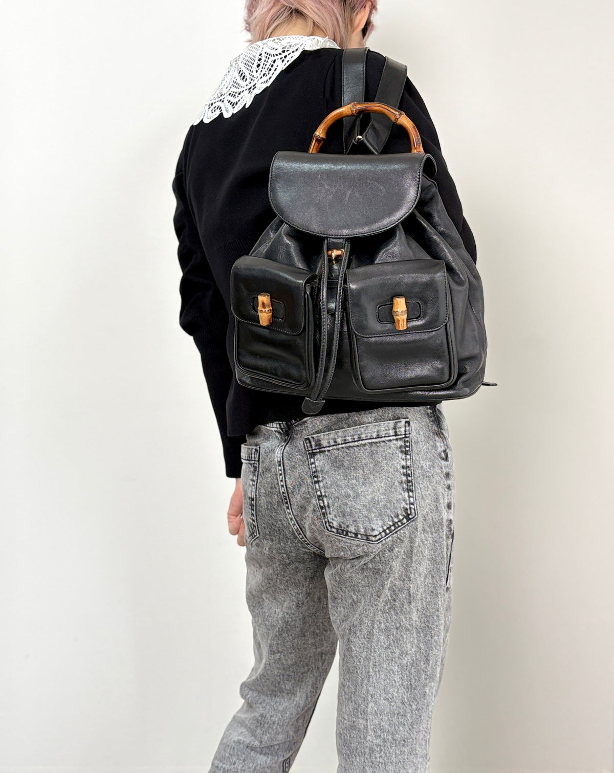 GUCCI Bamboo Double Pocket Backpack Black Vintage 3ug5ej