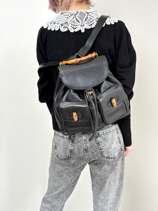 GUCCI Bamboo Double Pocket Backpack Black Vintage 3ug5ej