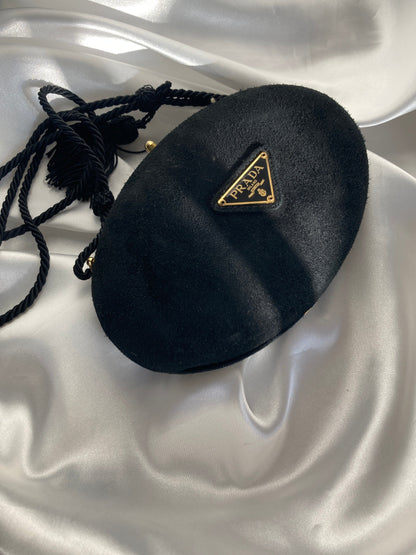 PRADA Triangle Logo Suede Tassel Oval Shoulder bag Black Vintage weg6mv