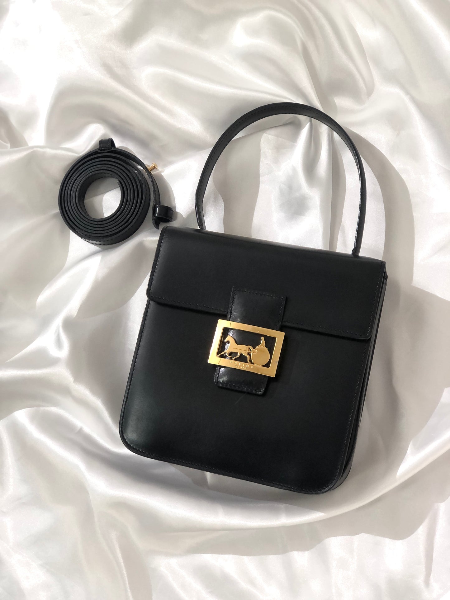 CELINE Horse carriage Two-way Top Handle Handbag Crossbody Shoulder bag  Black Vintage Old celine y8hzsk