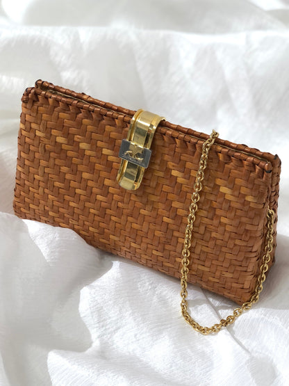 courrèges Logo Chain Basket Rattan Weave shoulder bag Brown Vintage ngvpig