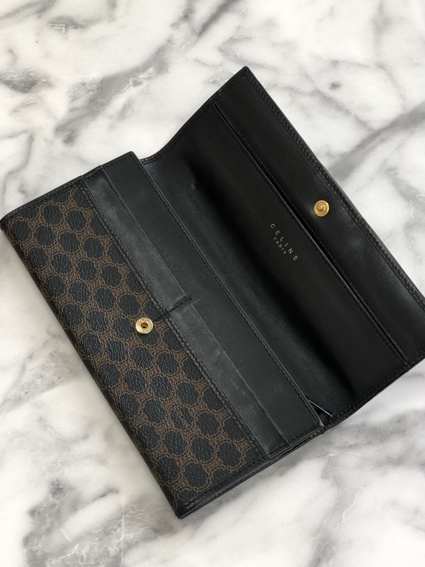 CELINE Macadam Blason embossed long wallet purse Black Vintage Old Celine az2hxs