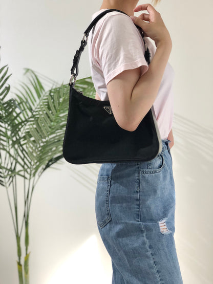 PRADA Triangle Logo Nylon Shoulder bag Hobo bag Black Vintage iazdpx