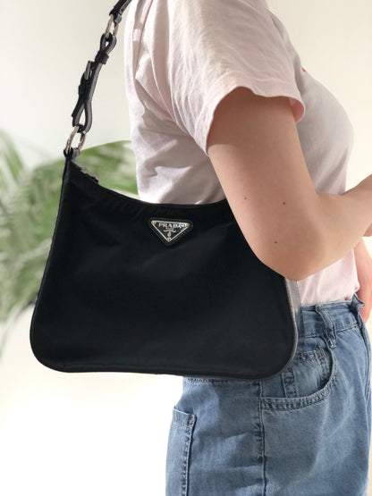 PRADA Triangle Logo Nylon Shoulder bag Hobo bag Black Vintage iazdpx