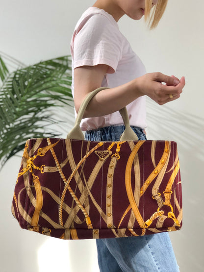 PRADA CANAPA Triangle Logo Full Patterns Tote bag Brown Vintage Old k8v4gs