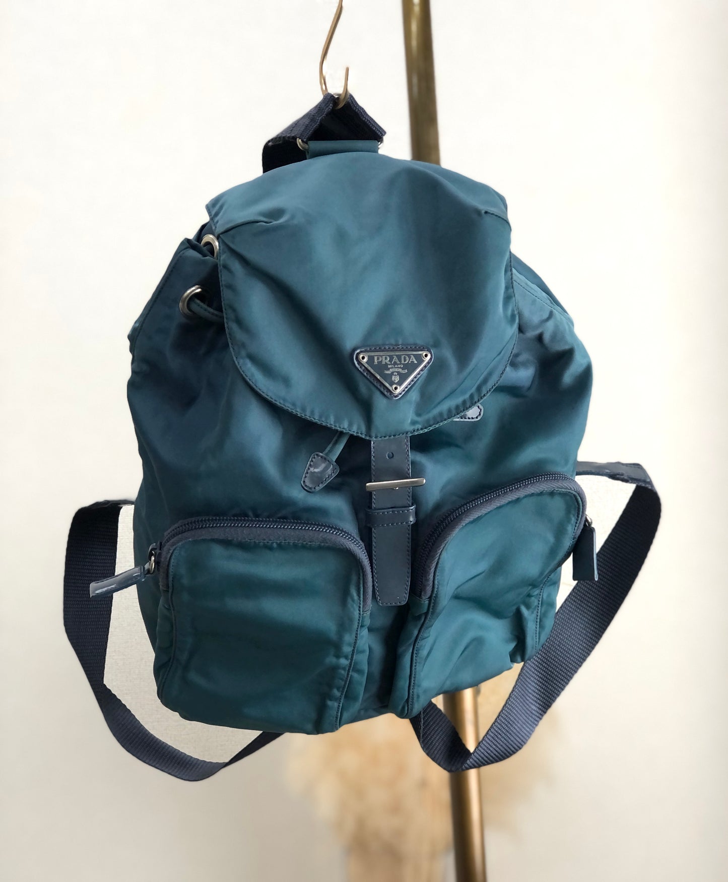 PRADA Triangle Logo Double Pocket Backpack Blue Vintage ztu2a7