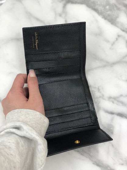 Salvatore Ferragamo Vala ribbon Lizard leather Compact Clasp Wallet Black Vintage Old rbc2gd