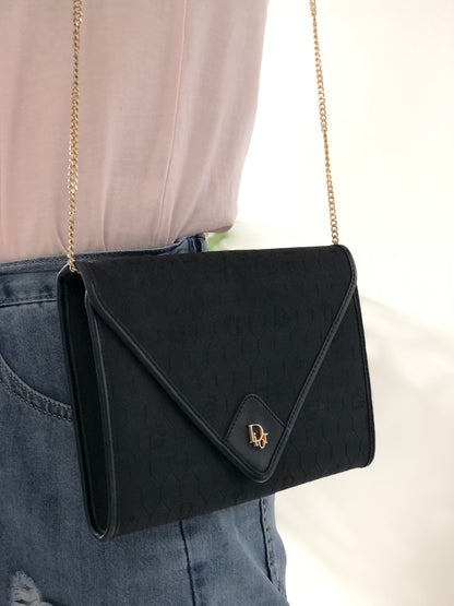 Christian Dior Logo Honeycomb Pattern Fabric Chain Crossbody Shoulderbag Black Vintage Old nfvfz5