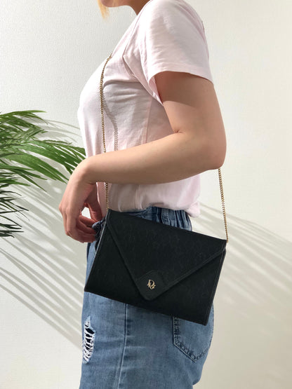 Christian Dior Logo Honeycomb Pattern Fabric Chain Crossbody Shoulderbag Black Vintage Old nfvfz5