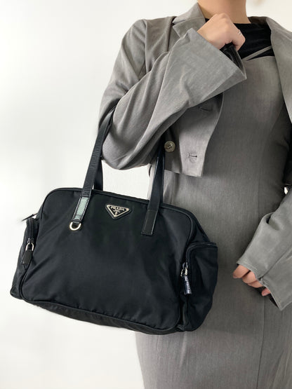 PRADA Triangle Logo Side Pocket Nylon Handbag Black Vintage z7gkye