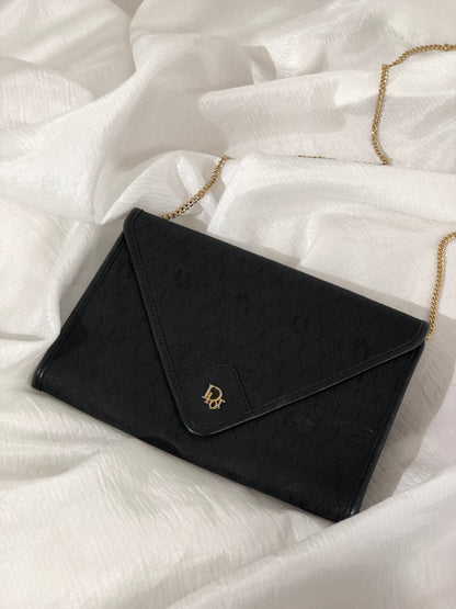 Christian Dior Logo Honeycomb Pattern Fabric Chain Crossbody Shoulderbag Black Vintage Old nfvfz5