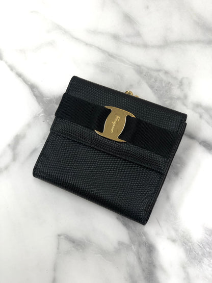 Salvatore Ferragamo Vala ribbon Lizard leather Compact Clasp Wallet Black Vintage Old rbc2gd