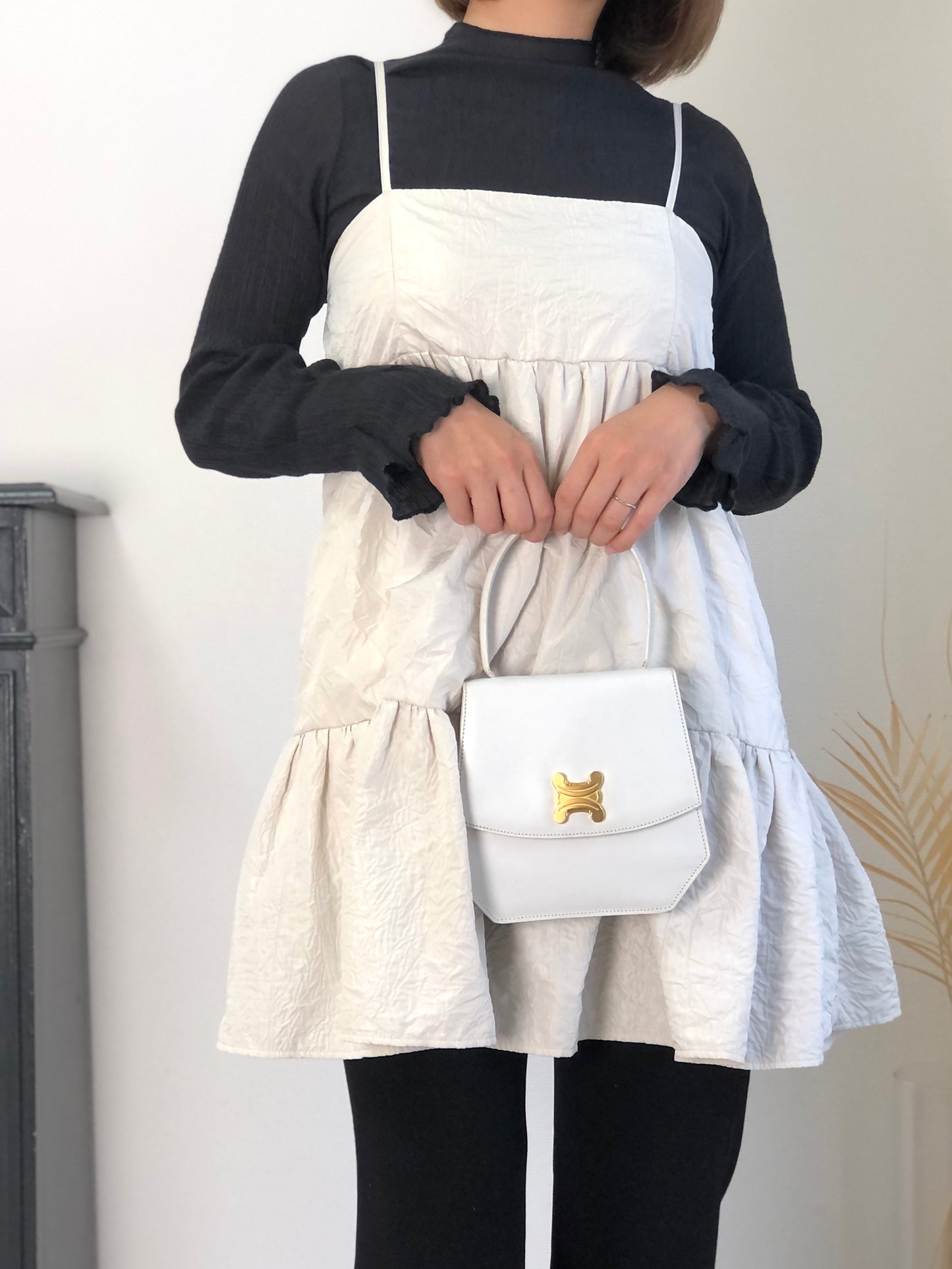 CELINE Triomphe Top Handle Handbag White Vintage 33tdem