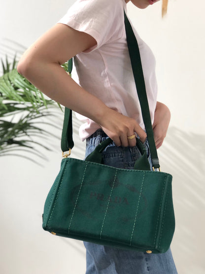 PRADA CANAPA Logo Two-way Handbag Shoulder bag Green Vintage Old gp3fik